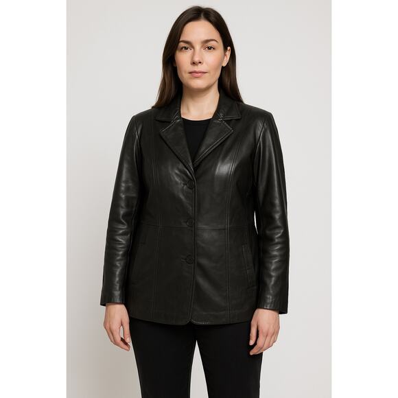 Vintgae Y2K Bromley Buttery Soft Black Leather ButtonUp Long Line Jacket Size XL - Picture 1 of 7